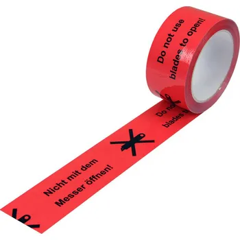 Lepicí páska Výstražná páska, PP, potisk symbol nože, v signální červené barvě, šířka 50 mm x 66 m