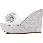 Lesklé boty pantofle na platformě s kamínky a otevřenou špičkou Barva: Stříbrná, Velikost: 35