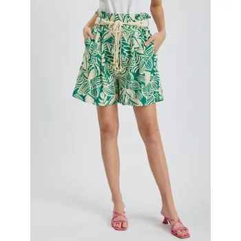 Dámské kraťasy Krémovo-zelené dámské vzorované kraťasy s příměsí lnu