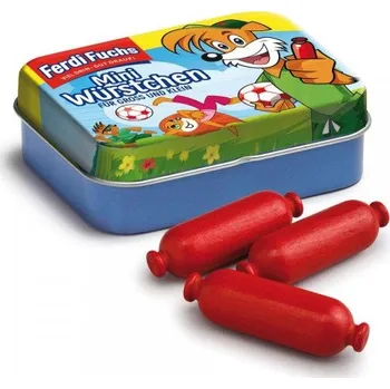 Dřevěná hračka Erzi - Německo Mini klobásy Ferdi Fuchs v plechové dóze