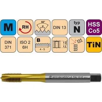 Ruční nářadí NÁSTROJE CZ Závitník strojní M8 ISO3 HSSE TiN DIN 371 B - 1510 - CZZ1510-M8-ISO3