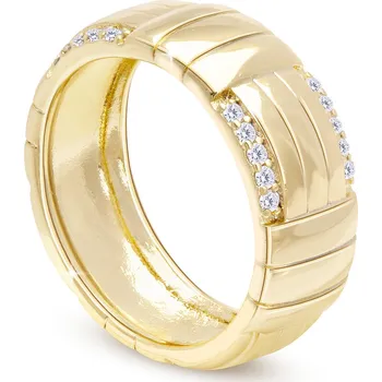 Prsten biju Pozlacený dámský prsten 14k zlatem, masivní - ozdobený průřezy a zirkony 4000315 Velikost prstenu - obvod: 53 mm