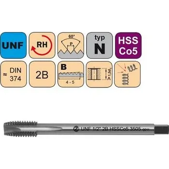 Závitořezný nástroj NÁSTROJE CZ Závitník strojní UNF No.10-32 2B HSSCo5 DIN 374 B - 3505 - CZZ3505-UNF-10-32-2B