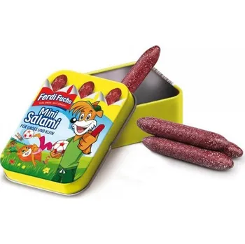 Dřevěná hračka Erzi - Německo Mini salámy Ferdi Fuchs v plechové dóze