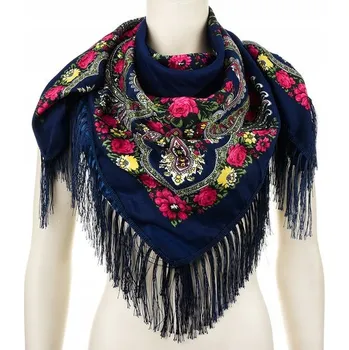 Šátek Dámský šátek Q71 tmavě modrý květinový vzor (Šátek s folklórním horalským motivem a třásněmi)
