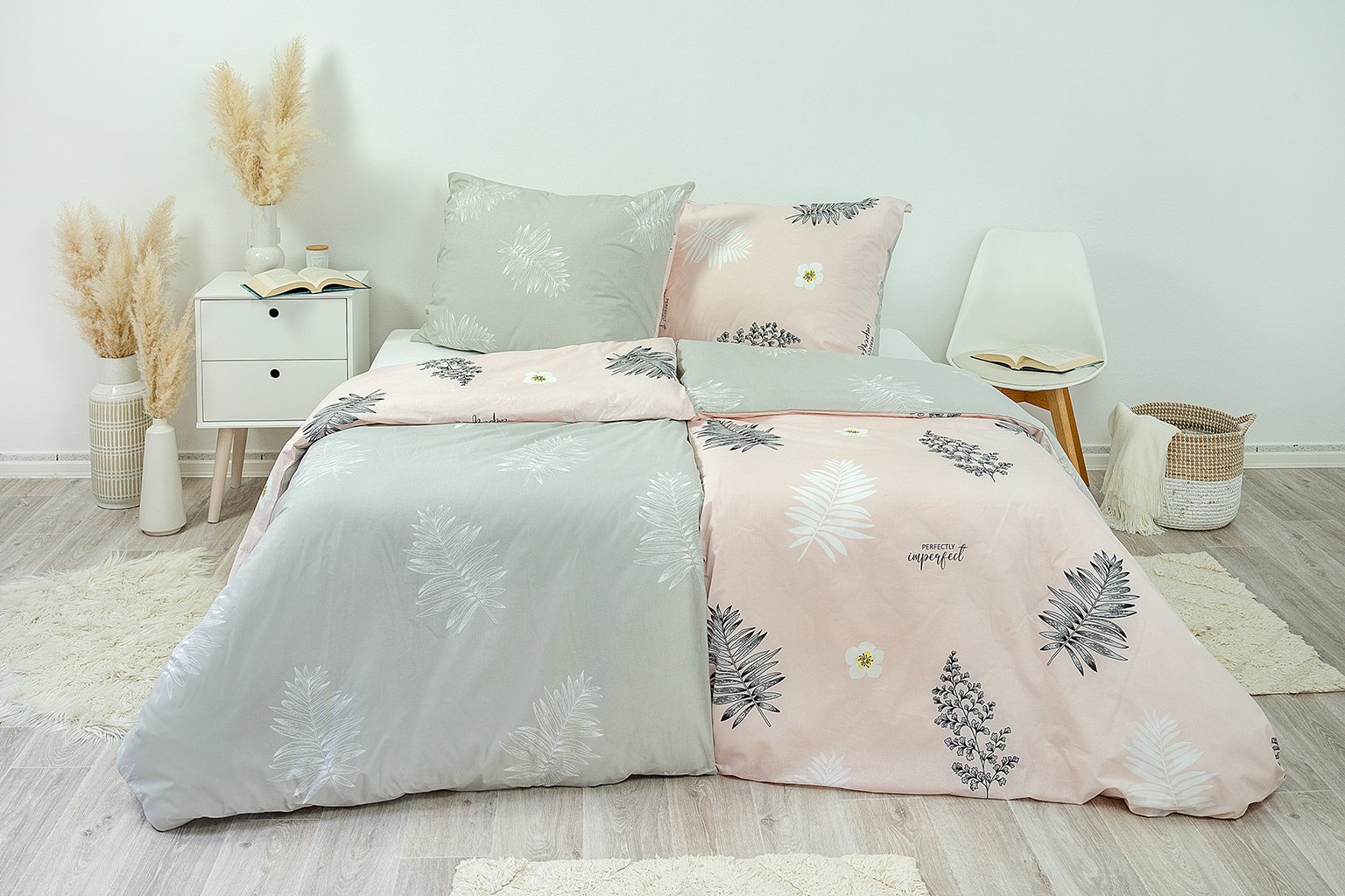 Ložní povlečení krepové Stanex Kapradí růžovo-šedé (LS292), 140 x 200 + 90 x 70, Knoflíkové