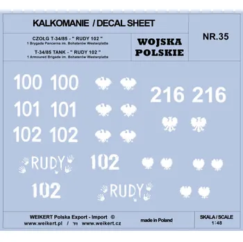 Plastikový model Weikert decals 1/48 Polish Army T-34/85 RUDY 102, 1st Arm.Brigade