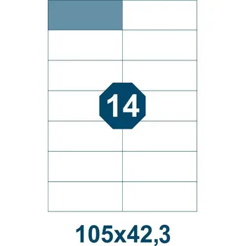Samolepící etiketa Samolepicí etikety, délka 105 mm, šířka 42,3 mm, 14 ks na archu A4, 100 listů/bal.