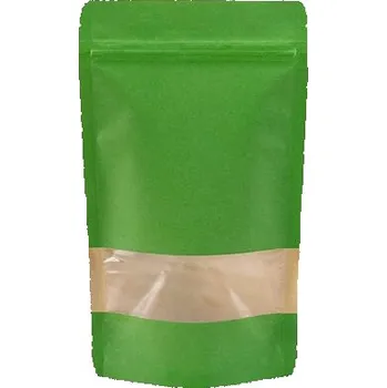 Sáček na potraviny Doypack ZIP | zelený kraft papír s okénkem obsah 100ml (85 × 140 + 50mm)