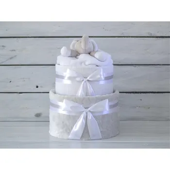 plenkový dort dortNEdort Dvoupatrový plenkový dort VI. s šedou dekou a sloníkem Neutrální náplň 345_NEU