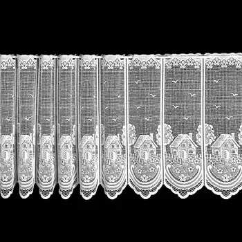 Žakárová vitrážová záclona DOMEČKY DD695, bílá výška 30cm (v metráži)