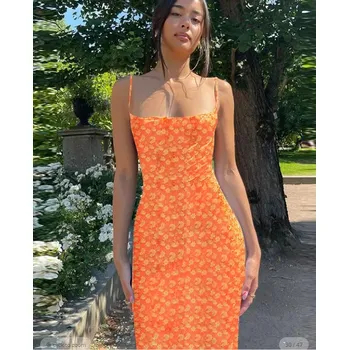 Dámské šaty Dámské sexy dlouhé šaty s květinovým vzorem Barva: Oranžová, Velikost: S