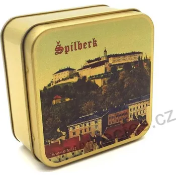 Dóza na potraviny BRNO ŠPILBERK zlatá plechová dóza 7418/40 panoramatický pohled na hrad