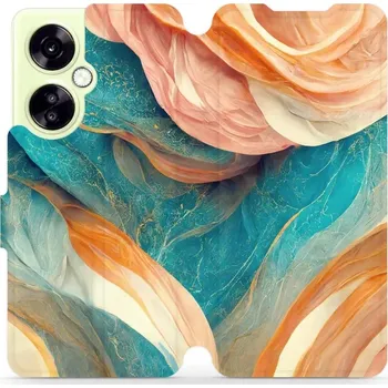 Pouzdro na mobilní telefon Flipové pouzdro Mobiwear - OnePlus Nord CE 3 Lite 5G - VP36S Azurový a oranžový mramor (Knížkové flip pouzdro, obal, kryt na mobil OnePlus Nord CE 3 Lite 5G - VP36S Azurový a oranžový mramor, materiál Umělá kůže + TPU - ochrana 360°, stojánek, silikonová)