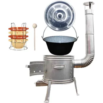 Kempingové nádobí Smaltovaný kotlík 22 L (1,2 mm) + nerezová kotlina 42 cm TOPLUX + nerezová poklice INOX + vařečka + misky na guláš 4 ks