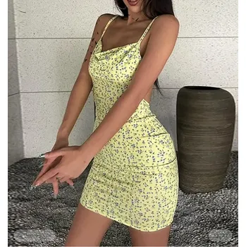 Dámské šaty Čína Dámské sexy minišaty s květinovým vzorem Barva: Žlutá, Velikost: S