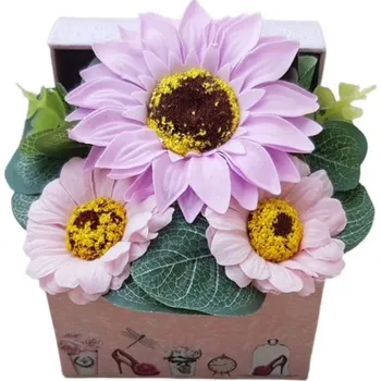 umělá květina made by ANTEROS Dekorace Mýdlová kytice v dárkovém miniboxu Slunečnice fialová