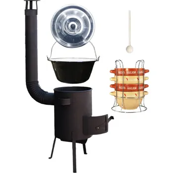 Kempingové nádobí Smaltovaný kotlík 22 L (1,2 mm) + žáruvzdorná kotlina 42 PLUS 600 4 MM + nerezová poklice + vařečka + misky na guláš 4 ks