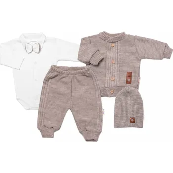 Dětská móda 5-dílná pletená sada Baby Nellys, Boy, body, kalhoty, svetr, čepička, motýlek - béžová , Velikost koj. oblečení 56 (1-2m)
