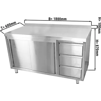 Kuchyňská skříňka G.Gastro Pracovní skříňka ECO z nerezové oceli - 1,8 m - se 3 šuplíky vpravo a obkladovým panelem