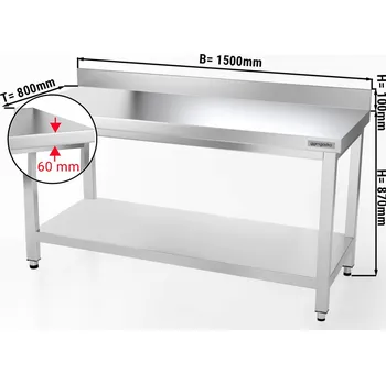 Jídelní stůl G.Gastro Pracovní stůl PREMIUM z nerezové oceli - 1,5 m - se spodní policí & obkladovým panelem