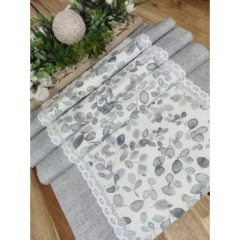 ubrus Běhoun - šedé akvarelové lístečky na bílé