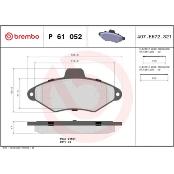 Brzdová destička Sada brzdových destiček, kotoučová brzda BREMBO P 61 052