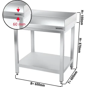 Jídelní stůl G.Gastro Pracovní stůl z nerezové oceli PREMIUM - 0,6 m - se spodní policí & obkladovým panelem vzadu + vpravo