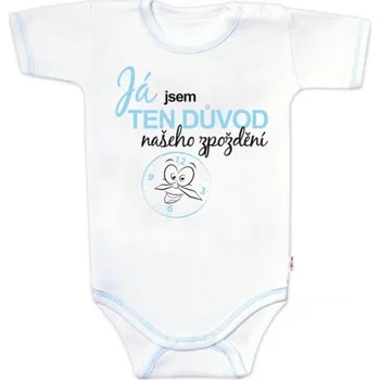 Kojenecký body Body krátký rukáv s vtipným textem Baby Nellys, Já jsem TEN DŮVOD našeho zpoždění, kluk, Velikost koj. oblečení 74 (6-9m)
