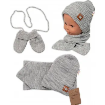 Čepice Baby Nellys Pletená čepice s šálou a rukavičky 3v1, STAR - šedá, Velikost koj. oblečení 68-74 (6-9m)