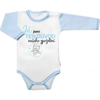 Kojenecký body Body dl. rukáv s vtip. textem Baby Nellys, Já jsem TEN DŮVOD našeho zpoždění, kluk, Velikost koj. oblečení 80 (9-12m)