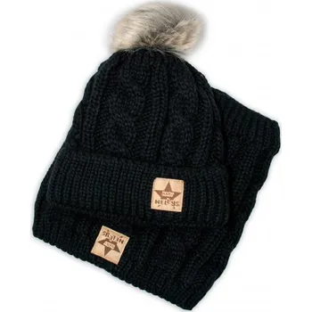 Čepice Zimní pletená čepice s bambulí + komínek, černá, Velikost koj. oblečení 92-98 (18-36m)