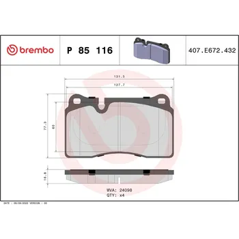 Brzdová destička Sada brzdových destiček, kotoučová brzda BREMBO P 85 116