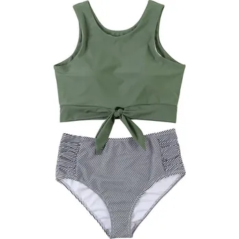 Dámské plavky Dámské plavky dvojdílné s vysokým pasem a uzlíkem na podprsence Barva: zelená (B3735AS), Velikost: M