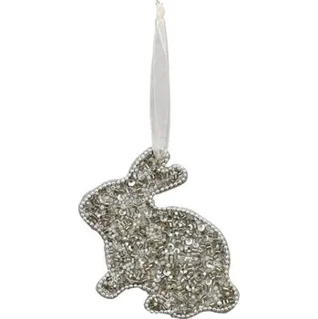 Velikonoční dekorace Stříbrný velikonoční králíček s korálky na stužce Fli - 10*8 cm