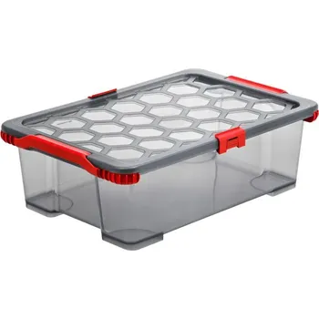 Úložný box Kvalitní poloprůhledný úložný box s víkem velký, kouřová / červená, 30 L