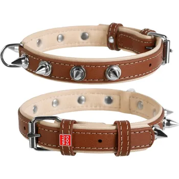 Obojek pro psa WAU DOG Plochý kožený obojek Soft s ostny hnědo béžový Obvod krku: délka: 30 - 39 cm, šířka: 20 mm