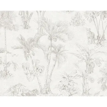 Tapeta Vliesová tapeta džungle, palmy, zvířecí motiv, béžová, šedá 380211 / Tapety na zeď 38021-1 Cuba (0,53 x 10,05 m) A.S.Création