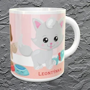 Hrnek se jménem Kočičky a pejsek světle zelený vnitřek a ucho Keramický hrnek