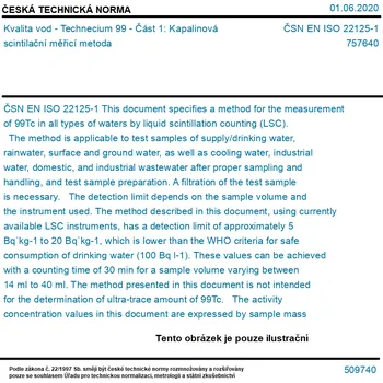 ČSN EN ISO 22125-1 - Kvalita vod - Technecium 99 - Část 1: Kapalinová scintilační měřicí metoda - Tisk