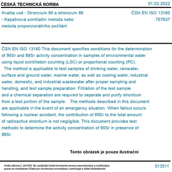 ČSN EN ISO 13160 - Kvalita vod - Stroncium 90 a stroncium 89 - Kapalinová scintilační metoda nebo metoda proporcionálního počítání - Tisk