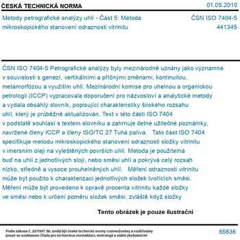 ČSN ISO 7404-5 - Metody petrografické analýzy uhlí - Část 5: Metoda mikroskopického stanovení odraznosti vitrinitu - Tisk