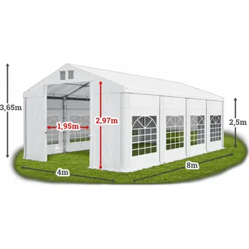 Zahradní stan Párty stan 4x8x2,5m střecha PVC 560g/m2 boky PVC 500g/m2 konstrukce ZIMA Bílá Šedá Šedá