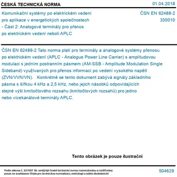 ČSN EN 62488-2 - Komunikační systémy po elektrickém vedení pro aplikace v energetických společnostech - Část 2: Analogové terminály pro přenos po elektrickém vedení neboli APLC - Tisk
