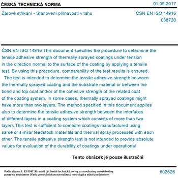 ČSN EN ISO 14916 - Žárové stříkání - Stanovení přilnavosti v tahu - Tisk