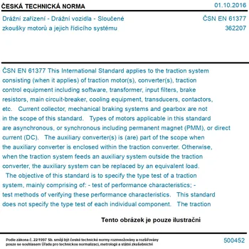 ČSN EN 61377 - Drážní zařízení - Drážní vozidla - Sloučené zkoušky motorů a jejich řídicího systému - Tisk