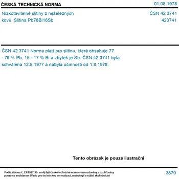 ČSN 42 3741 - Nízkotavitelné slitiny z neželezných kovů. Slitina Pb78Bi16Sb - Tisk