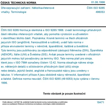 ČSN ISO 9265 - Dřevozpracující zařízení. Několikavřetenové vrtačky. Terminologie - Tisk