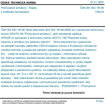 ČSN EN ISO 16136 - Průmyslové armatury - Klapky z materiálů termoplastů - Tisk