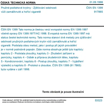 ČSN EN 1399 - Pružné podlahové krytiny - Zjišťování odolnosti vůči zamáčknuté a hořící cigaretě - Tisk
